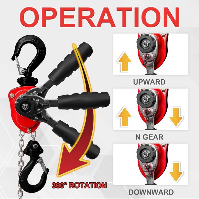 FITHOIST Heavy-Duty Manual Lever Chain Hoist Come Along 1/2 Ton 1100LBS 10FT Lift, Enhanced Pawl Brake Industrial G80 Alloy Steel w/ 360° Hooks for Construction Logging Garage Warehouse, Red - Image 5